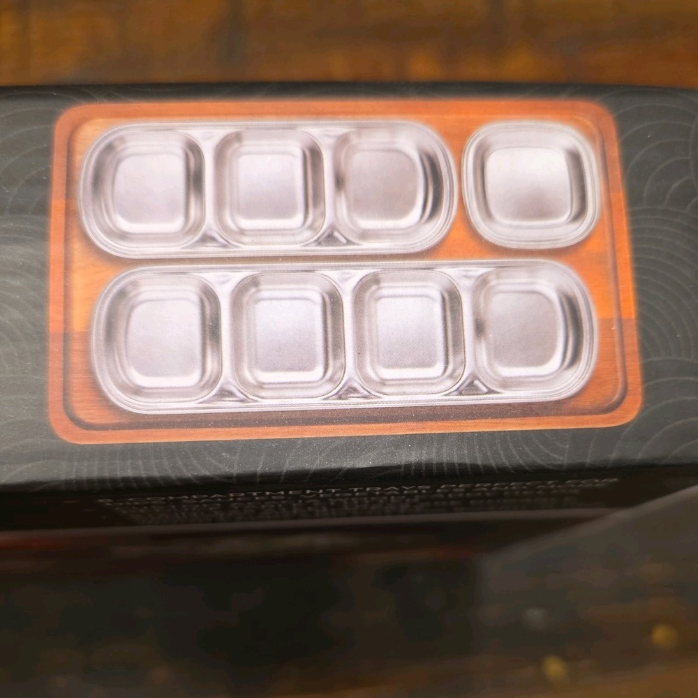 Parini Stainless Steel Condiment Trays w/Acacia Wood Caddy 8 Compartment NEW - Picture 4 of 5